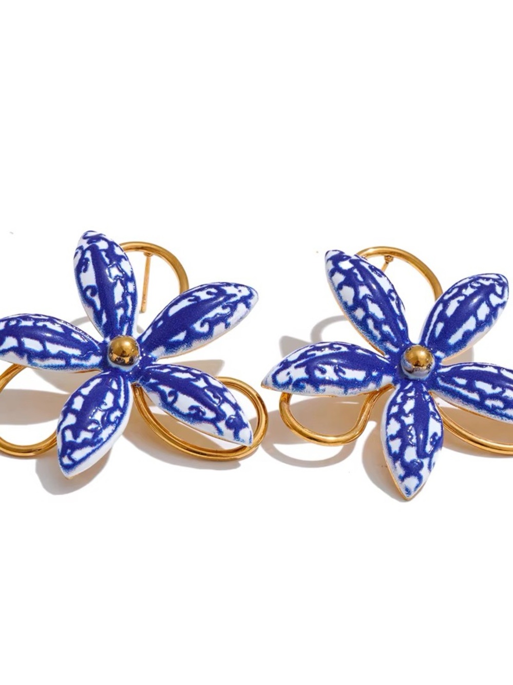 Blue Floral Enamel Statement Earrings - Gold Tone